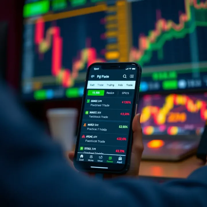 Illustration of a mobile device displaying various stock trading options and practice trades in an app