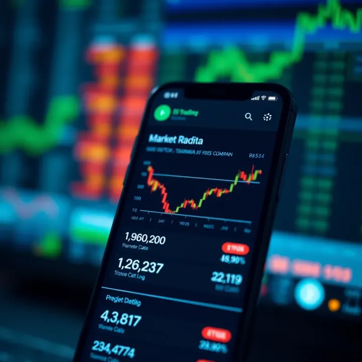 User interface showing stock market data and trading options on a mobile phone screen