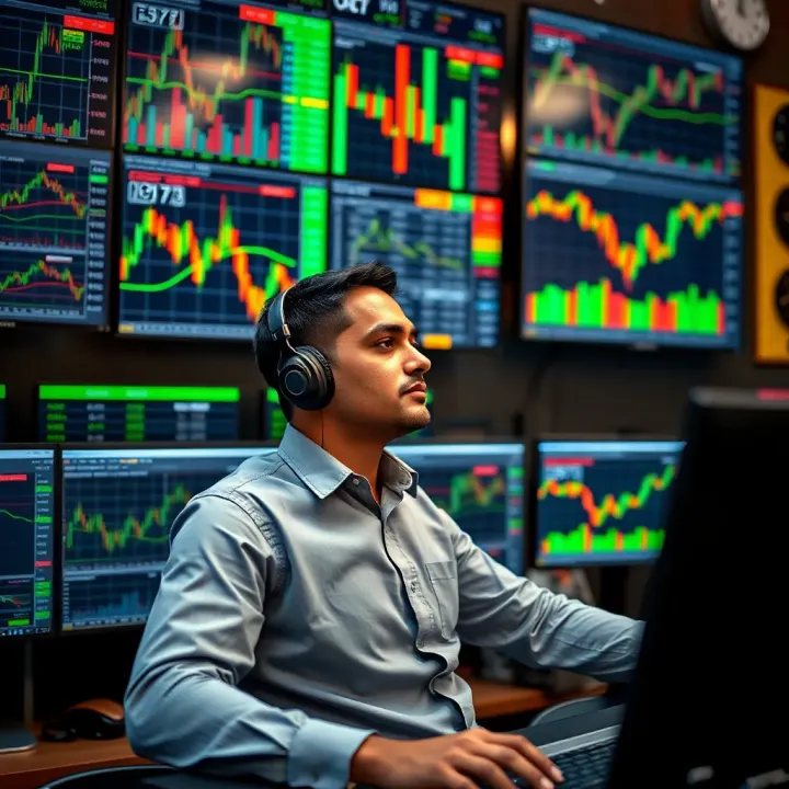Trader Using Technical Indicators for Intraday Decisions Illustration of a trader monitoring multiple charts and indicators on computer screens