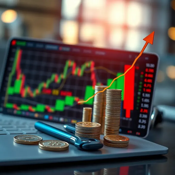 Graphical representation of stock market growth with icons of currency and trading tools