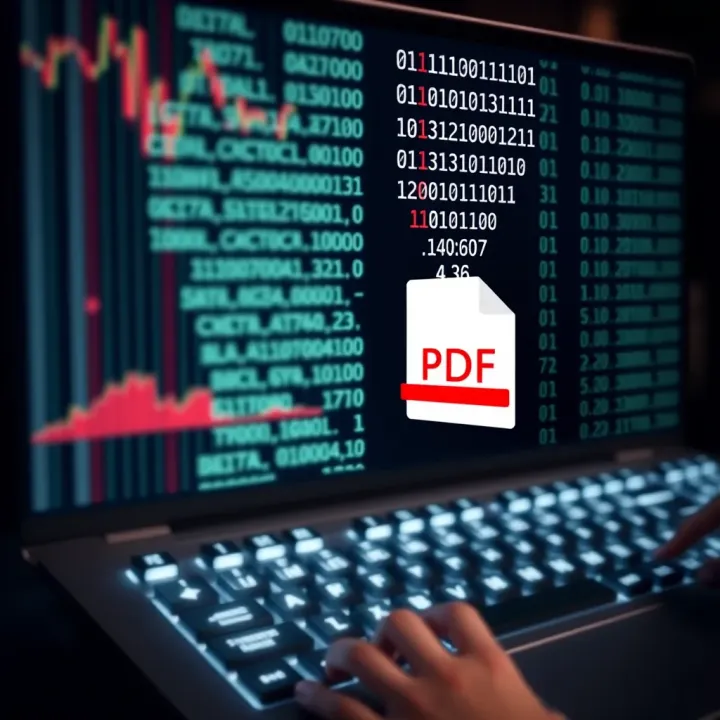 Illustration showing a computer screen displaying a binary code transforming into a PDF icon