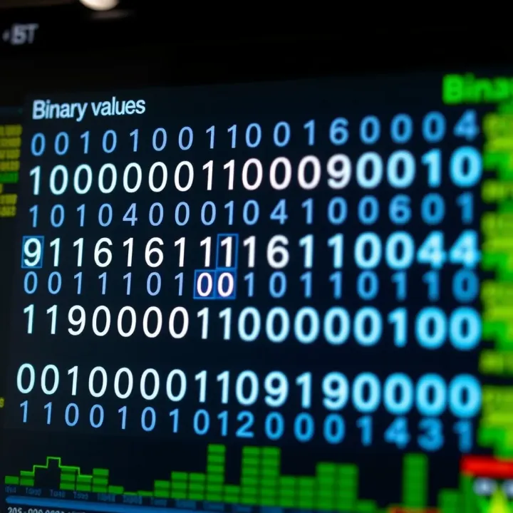 Chart showing binary values corresponding to decimal digits with emphasis on computing applications