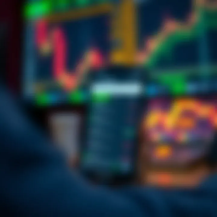 Illustration of a mobile device displaying various stock trading options and practice trades in an app