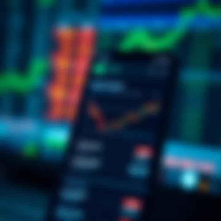 User interface showing stock market data and trading options on a mobile phone screen