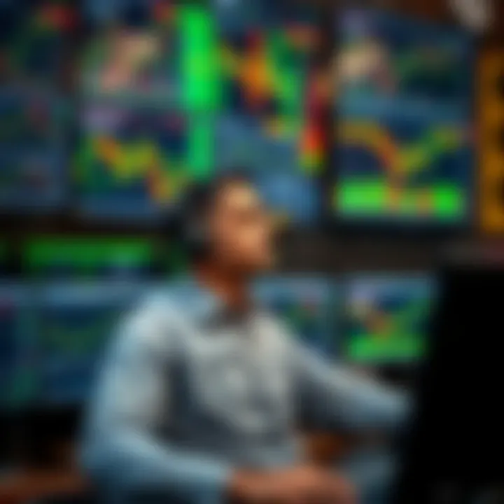 Trader Using Technical Indicators for Intraday Decisions Illustration of a trader monitoring multiple charts and indicators on computer screens