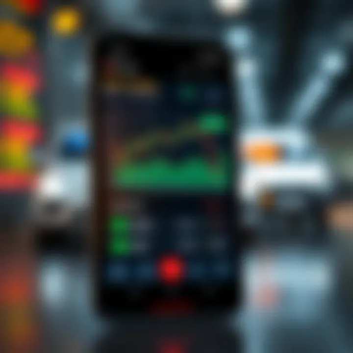 Mobile phone screen showing a virtual stock trading interface with charts and buy-sell options