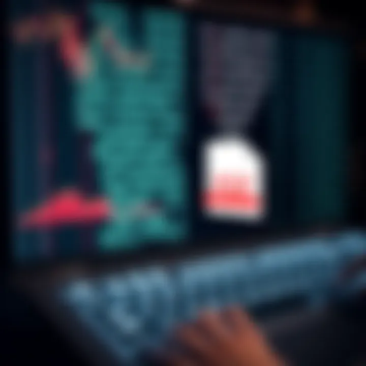 Illustration showing a computer screen displaying a binary code transforming into a PDF icon