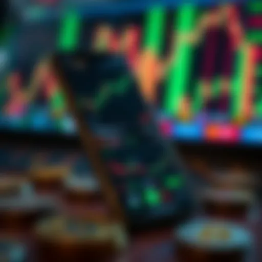 Mobile phone displaying various cryptocurrency trading app interfaces with charts and market data