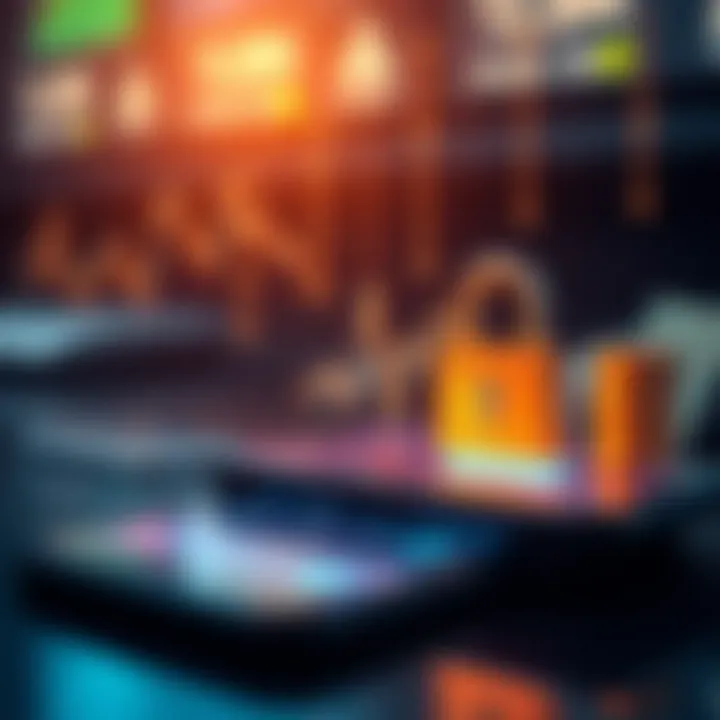 Conceptual illustration of secure mobile financial transactions with digital lock and currency symbols