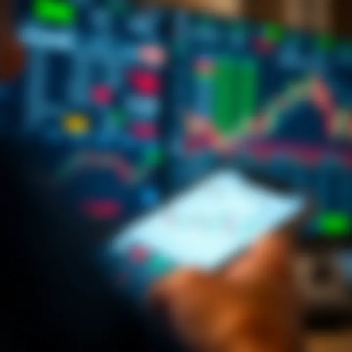 Mobile device displaying various stock market charts and graphs with trading app interface