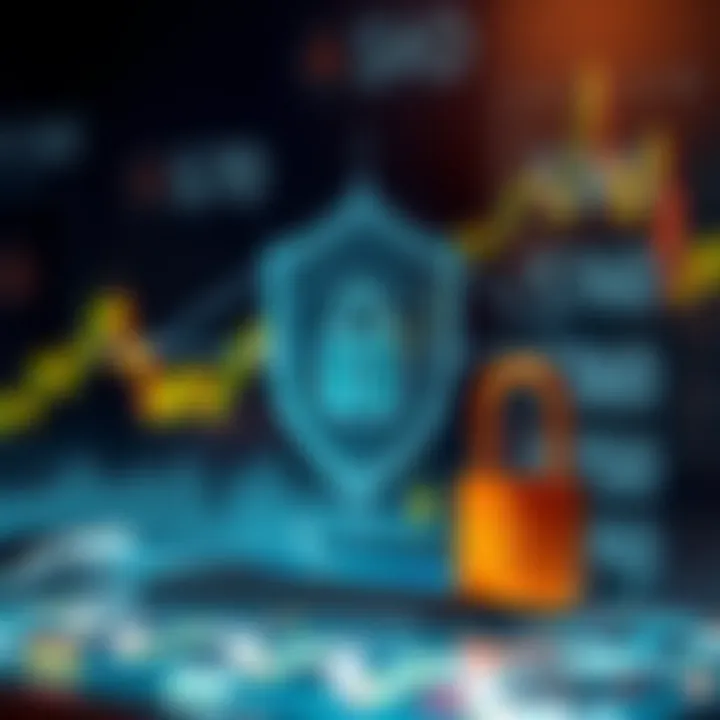 Safety Features and Regulatory Compliance in Online Trading Illustration of a secure digital transaction with shield symbol, lock and financial icons representing safety measures