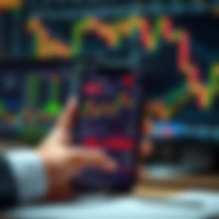 Mobile device displaying online trading interface with charts and market data