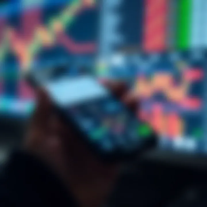 Mobile phone displaying various Indian share trading app options with charts and features visible