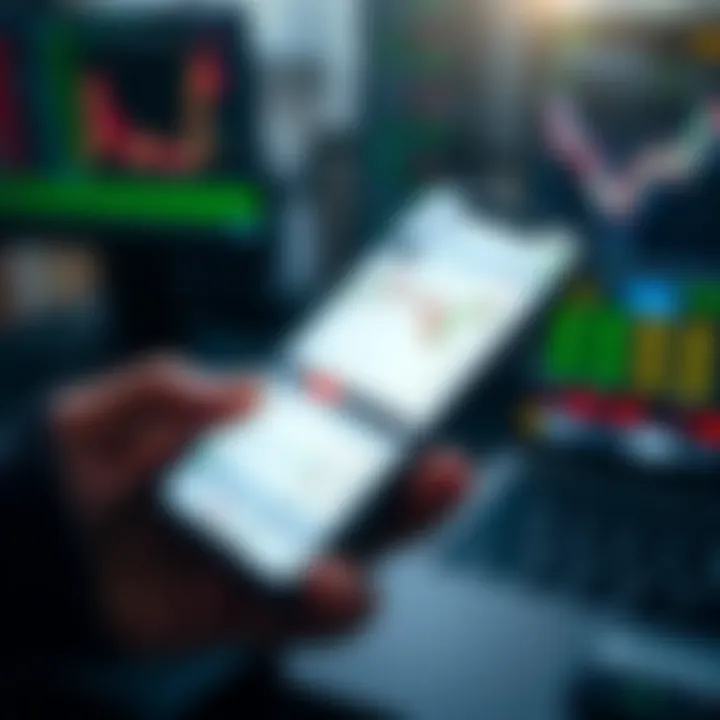 Mobile phone displaying various Indian stock market trading app interfaces with charts and data