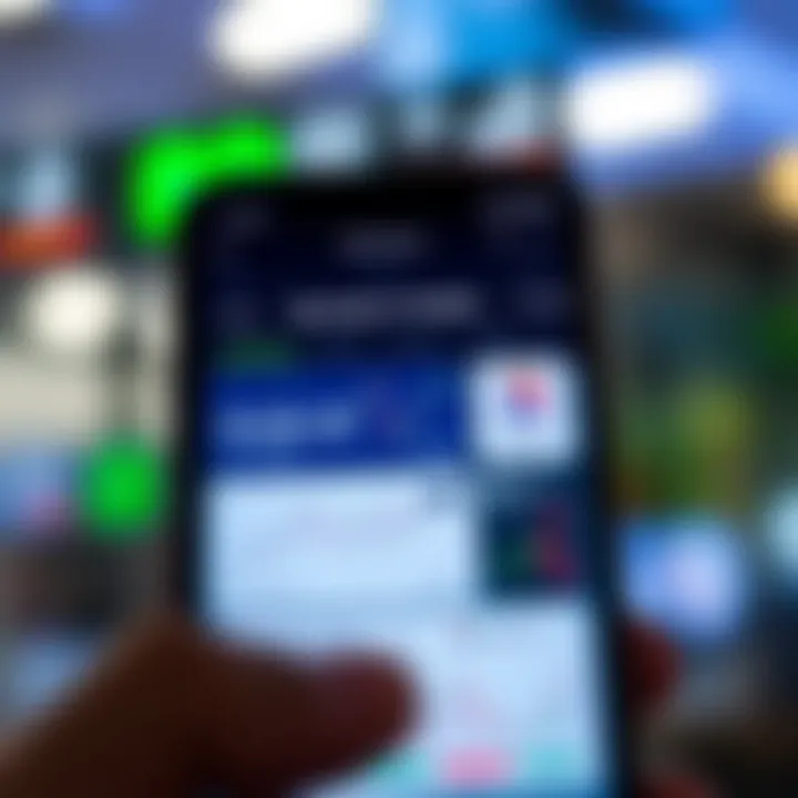 Smartphone screen displaying various trading app features with graphs and portfolio overview