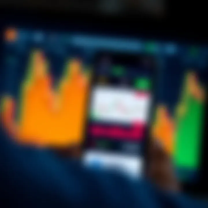 Mobile phone screen displaying a user-friendly trading app interface with colorful graphs and market data