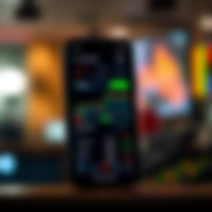 Mobile phone displaying a trading app interface with stock charts and investment options