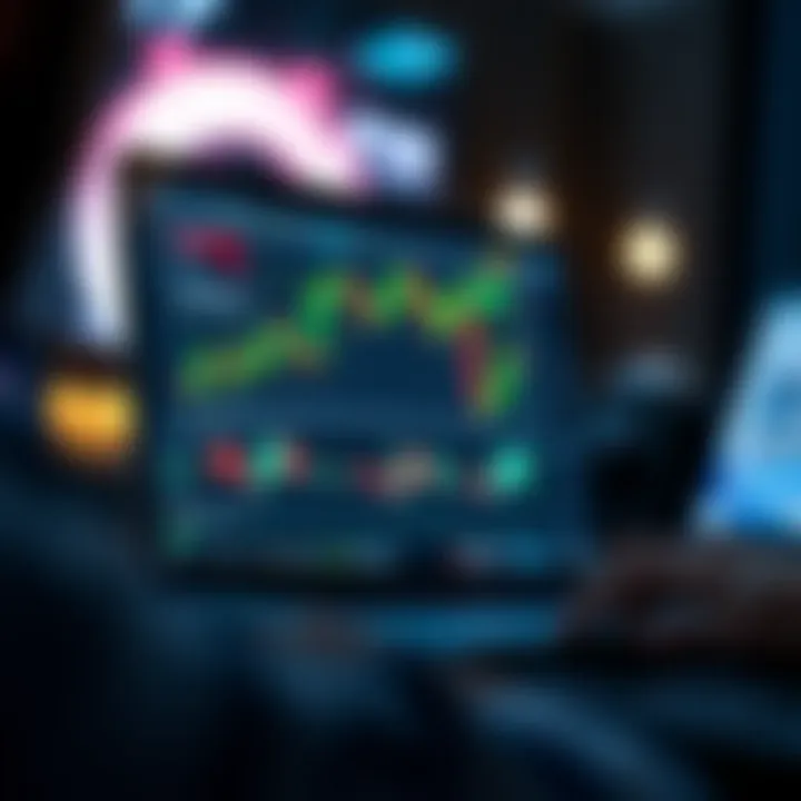 Conceptual illustration of digital learning with charts and trading symbols on a laptop screen