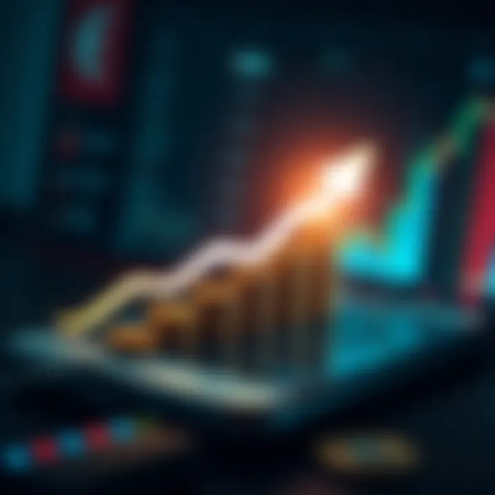 Conceptual graphic showing growth of investments through mobile trading apps with upward arrow and currency symbols