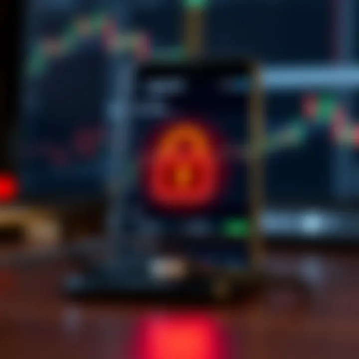 Secure mobile trading application interface showing encryption and padlock symbols