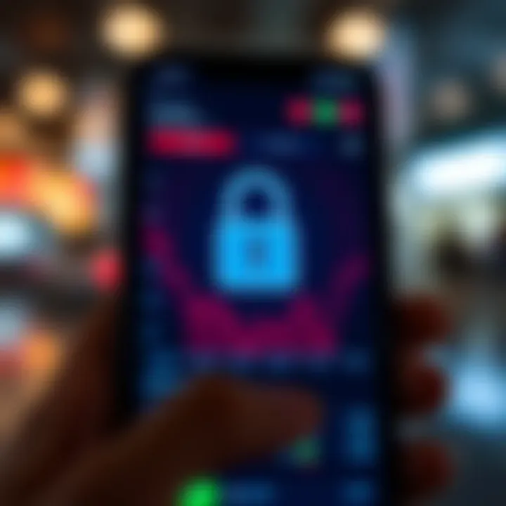 Secure mobile trading application interface with lock symbol representing data protection