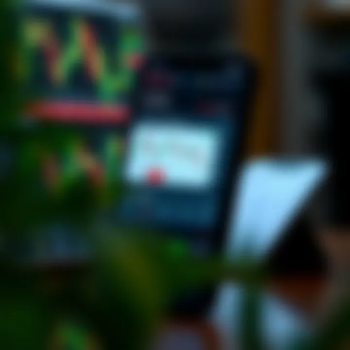 User interface of a mobile trading app displaying stock charts and trading options