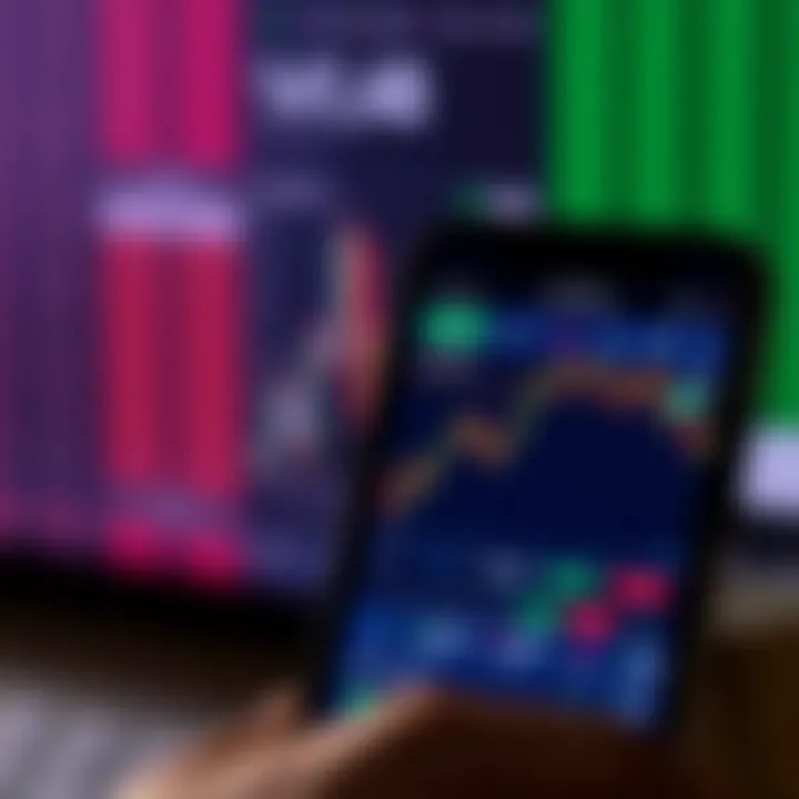 Mobile phone displaying a financial trading application with stock charts and indicators