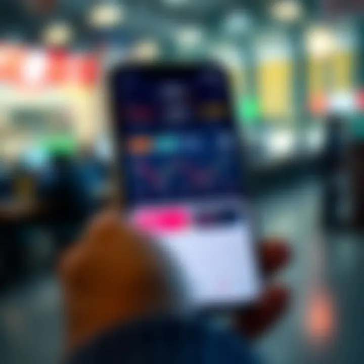 Mobile phone displaying a trading app interface with charts and virtual currency balances