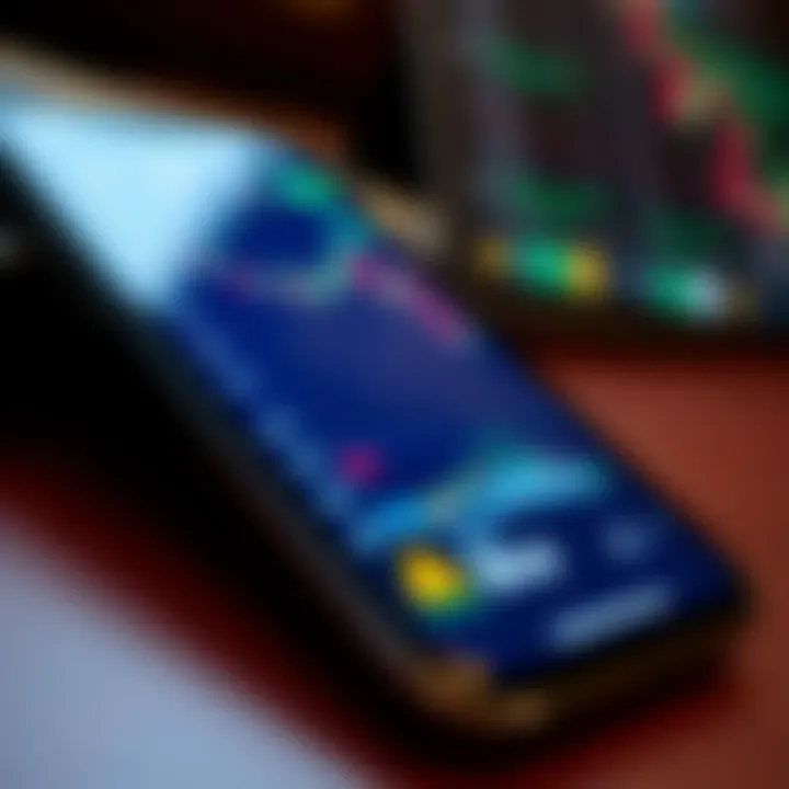 Smartphone displaying a digital trading platform interface with graphs and charts