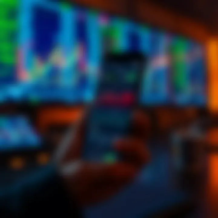 Mobile phone displaying a forex trading app interface with charts and currency exchange rates in India