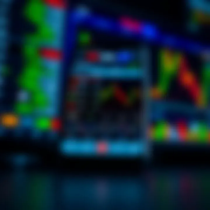 Mobile phone displaying forex trading app interface with currency exchange rates and charts