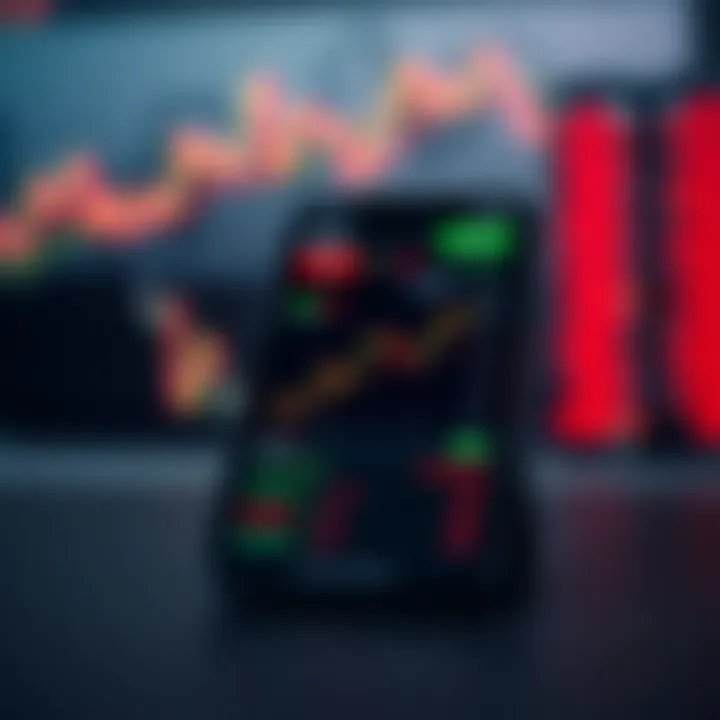 Mobile phone displaying a trading app interface with charts and financial data