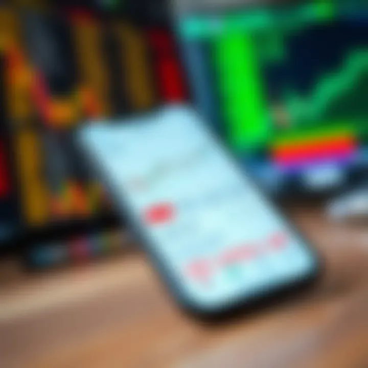 Mobile phone displaying a mock stock trading app interface with charts and virtual currency balances