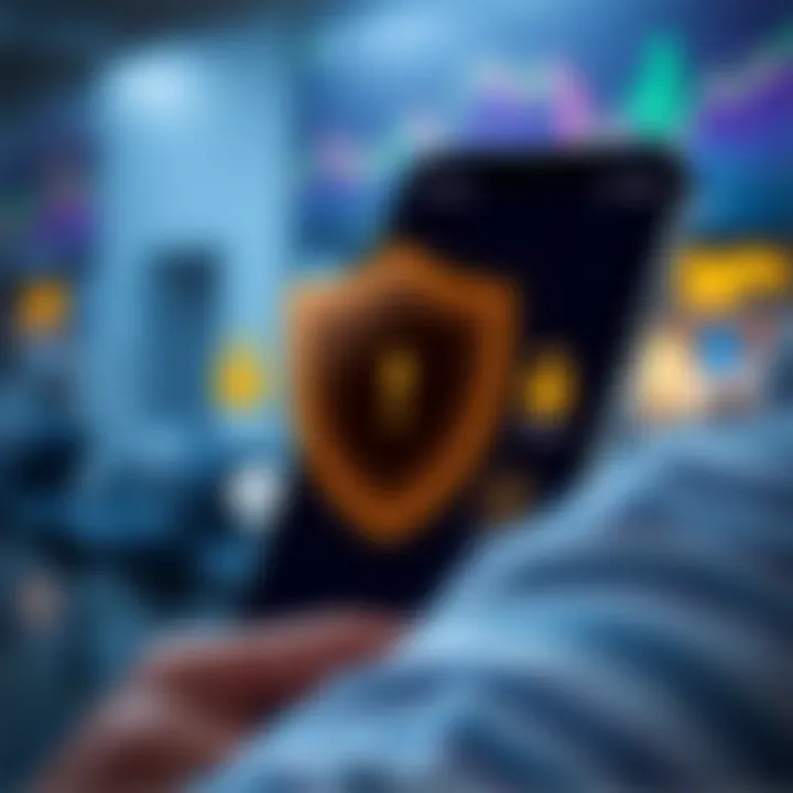 Illustration of secure mobile trading with financial icons representing safety and user protection