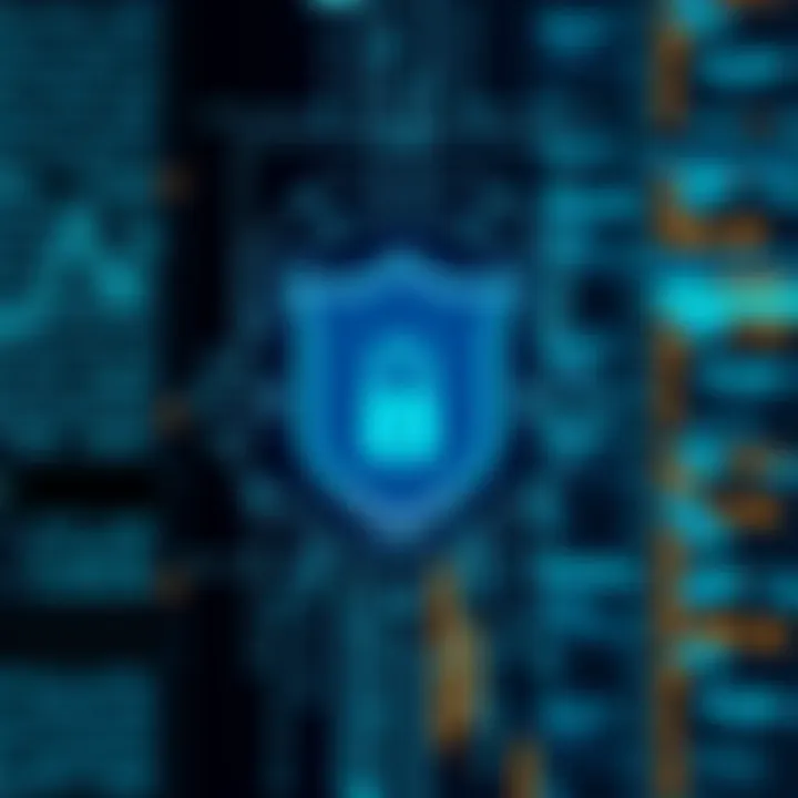 Illustration of a shield symbolizing security with digital background elements representing data protection