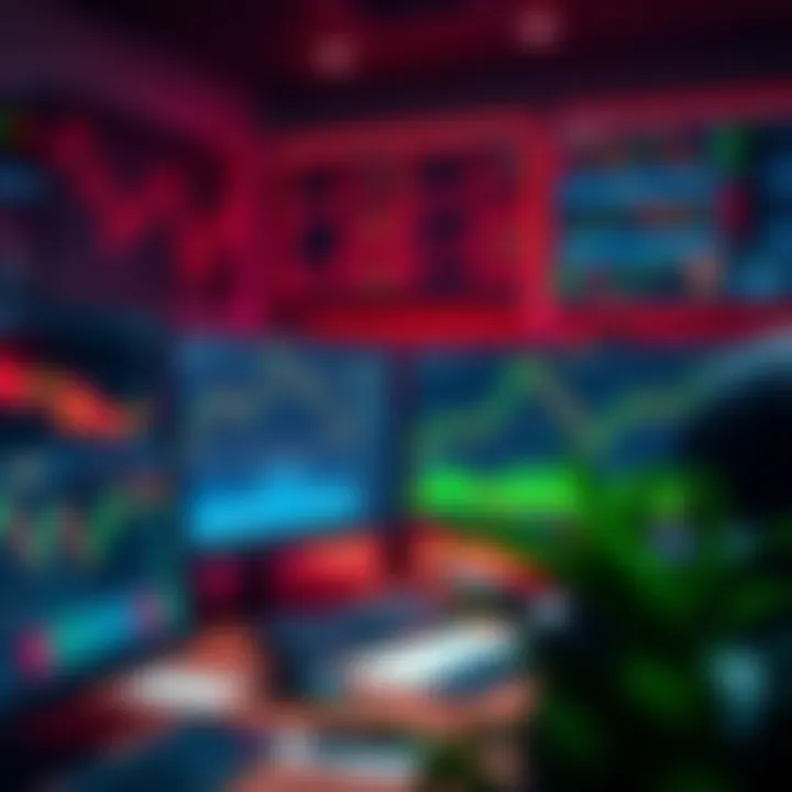 Trader's workspace showing multiple monitors with financial graphs and risk management tools