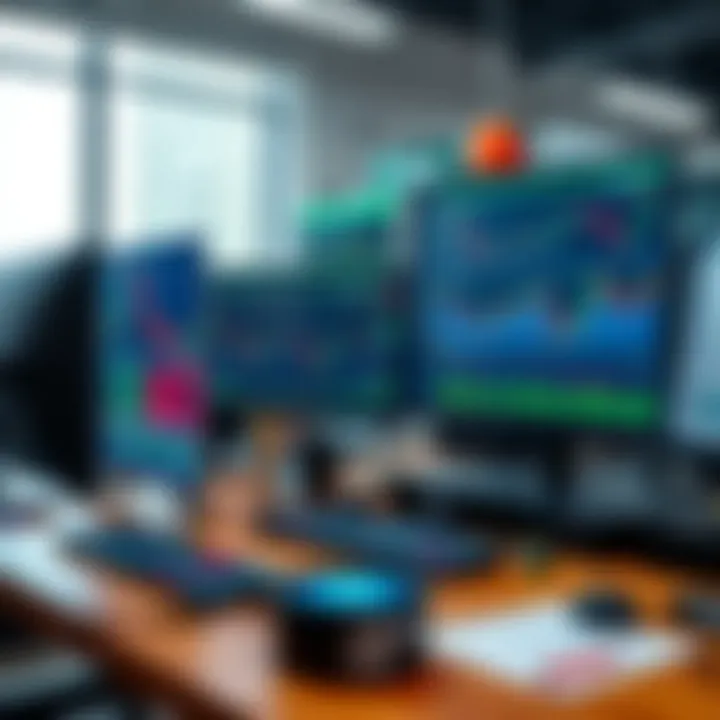 Trading workstation with multiple screens showing financial data and indicators