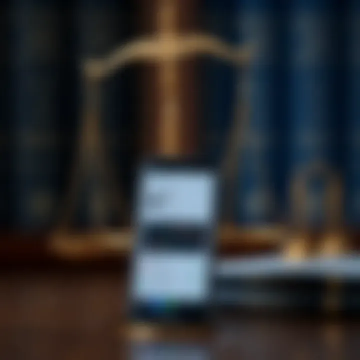 Legal scales balanced with a smartphone displaying a binary trading app interface