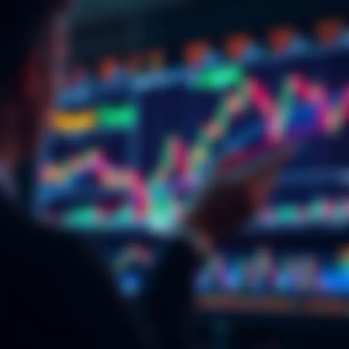 Trader analyzing candlestick formations and trend lines on a dynamic financial chart