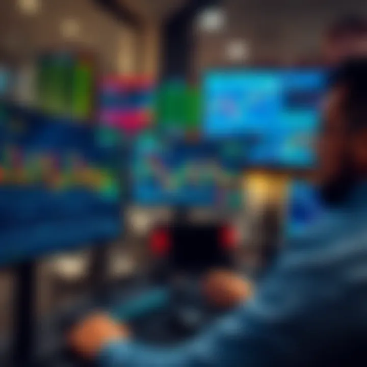 Financial trader analyzing real-time market charts on computer screens in a simulated trading environment