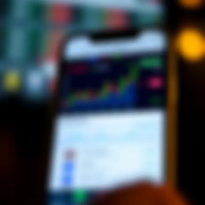 Mobile phone displaying low deposit trading app interface with charts and trade options