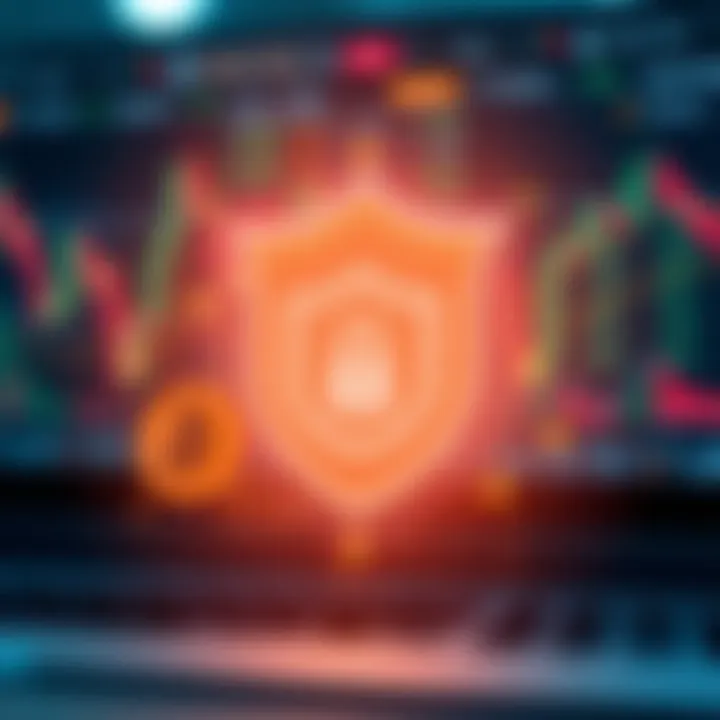 Illustration of secure online trading with shield symbol and digital currency icons