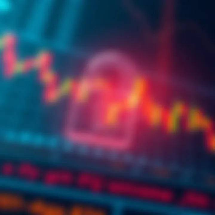 Secure digital padlock symbol overlaid on a financial market graph representing app security