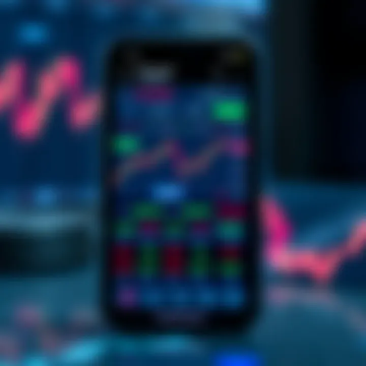 Mobile phone displaying stock trading app interface with graphs and stock prices