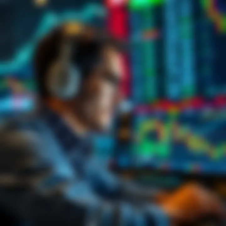 Illustration of a trader analyzing virtual stock performance graphs and making trading decisions on a digital platform