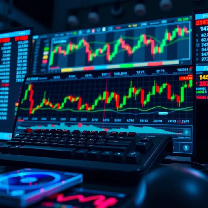 Graphic showing various forex trading platforms with charts and currency symbols