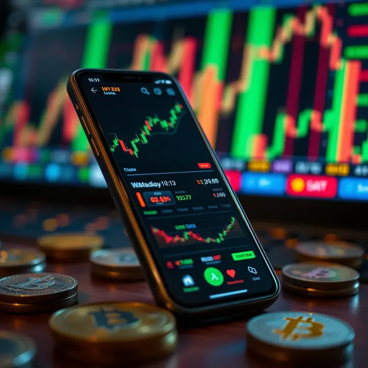Mobile phone displaying various cryptocurrency trading app interfaces with charts and market data