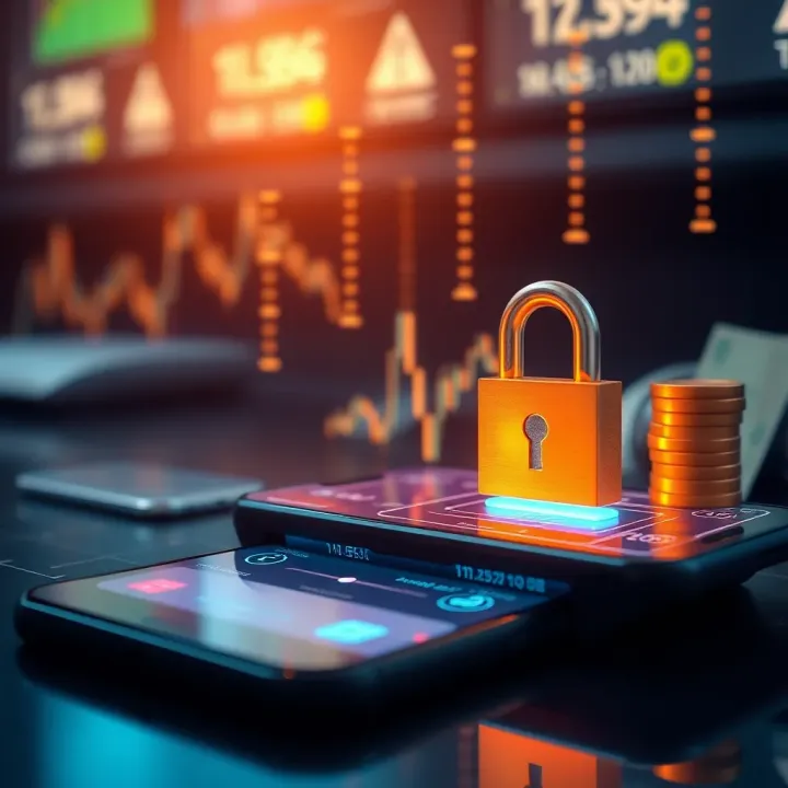 Secure Digital Transactions Representing Safety in Trading Apps Conceptual illustration of secure mobile financial transactions with digital lock and currency symbols