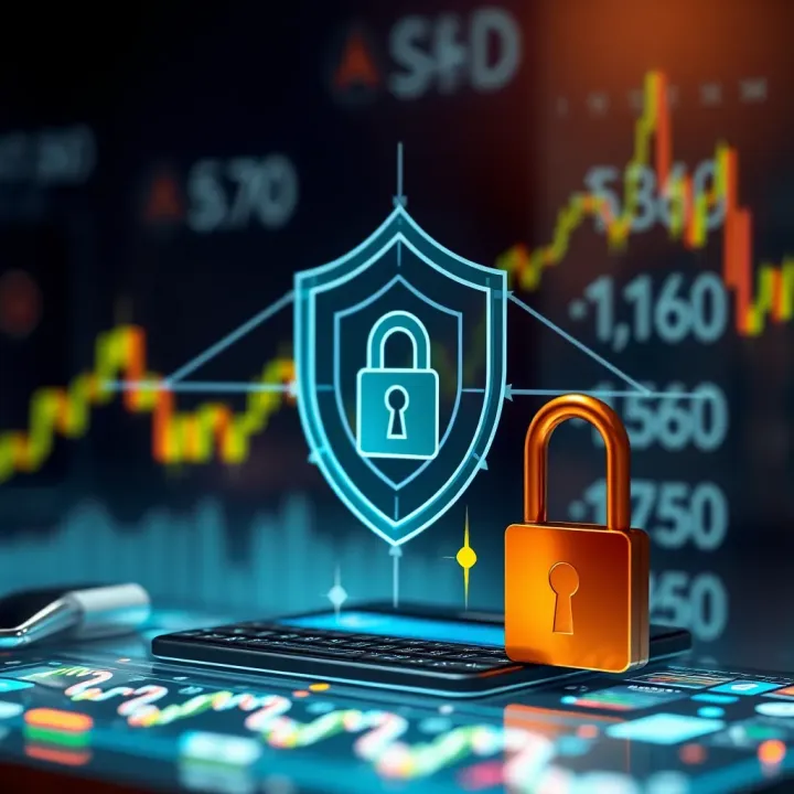 Safety Features and Regulatory Compliance in Online Trading Illustration of a secure digital transaction with shield symbol, lock and financial icons representing safety measures