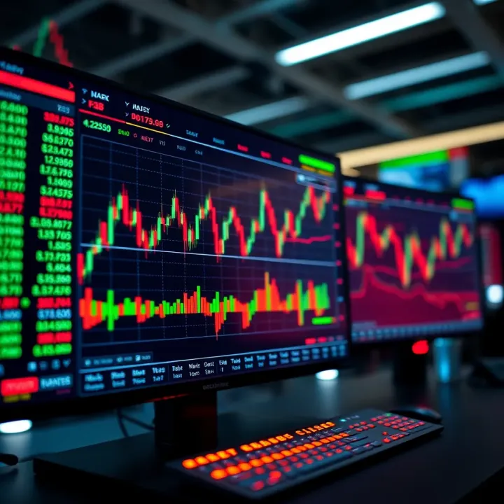 Digital interface displaying stock market charts and graphs for virtual trading practice
